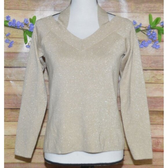 Vince Camuto Ladies M Gold Metallic V-Neck Sweater Size M Holiday Parties - Picture 1 of 9